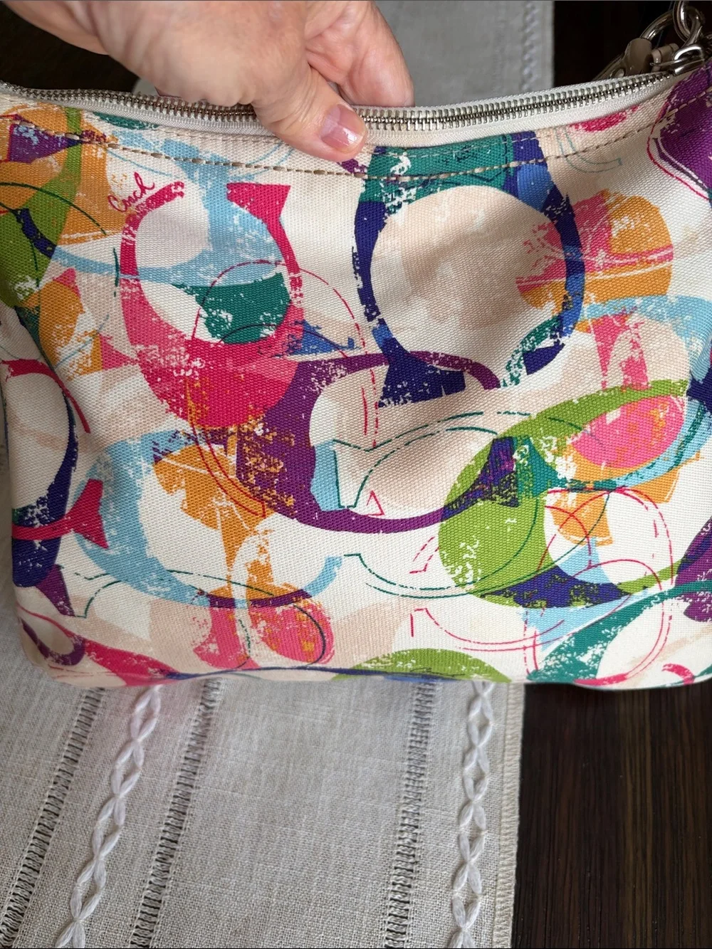 Coach Poppy Multicolor Canvas Shoulder Bag with Cream Leather Trim - Picture 5 of 16